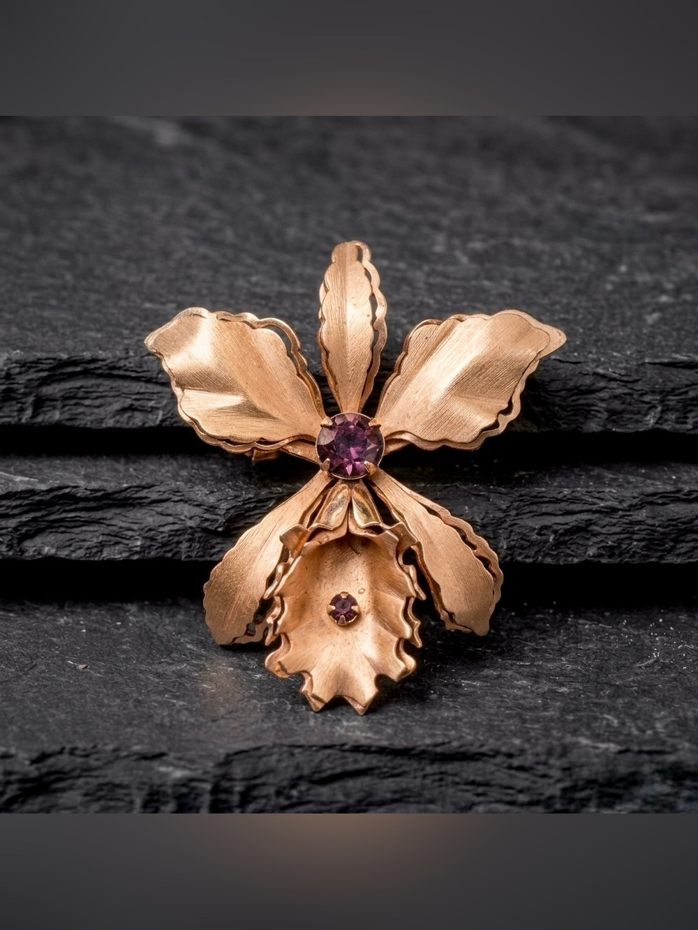 Vintage 60s Brushed Rose Gold Tone Purple Rhinestone Orchid Flower Floral Brooch